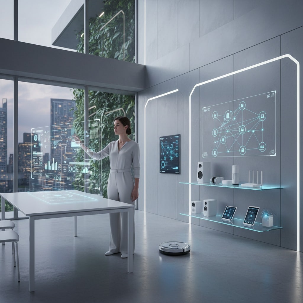 En kvinna interagerar med ett digitalt gränssnitt i ett modernt kontor med smart teknik och en robotdammsugare på golvet.